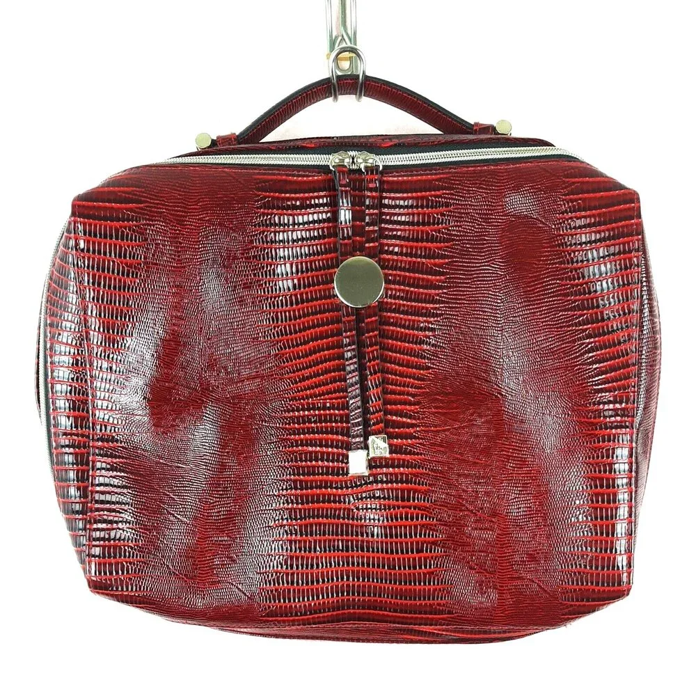 Estee lauder Women Red Leather Handbag Bag Cosmetic Bag Animal Print Zip